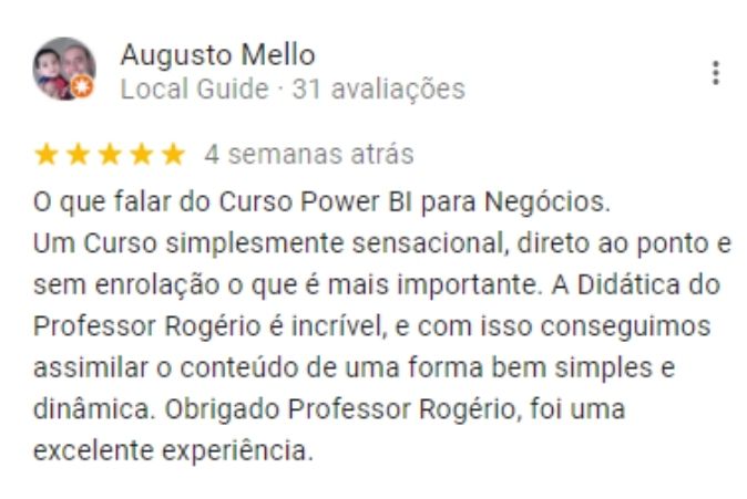 avaliacao do curso online de power bi feita pelo aluno Augusto Mello
