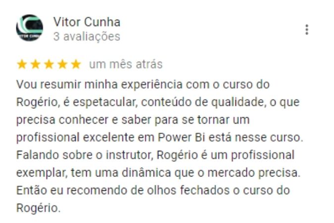 avaliacao do curso power bi online feita pelo aluno Vitor Cunha