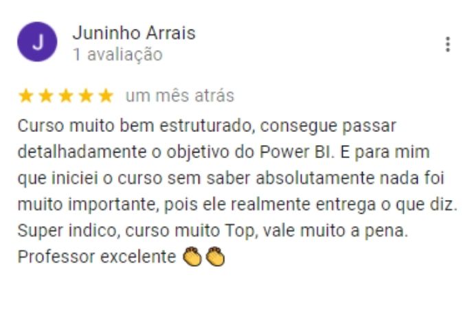 avaliacao do treinamento power bi feita pelo aluno Juninho Arrais